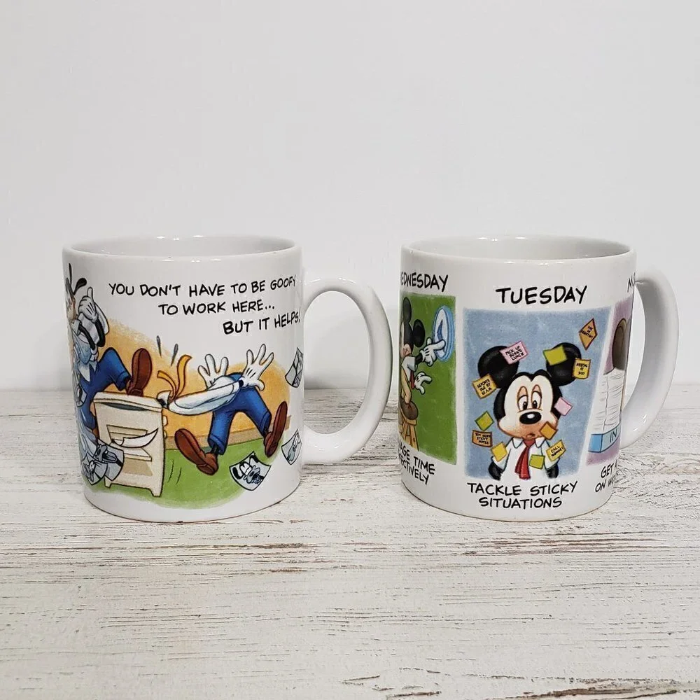 Pair of Disney Oversized Coffee Mugs  Mickey & Goofy in the Workplace / Office